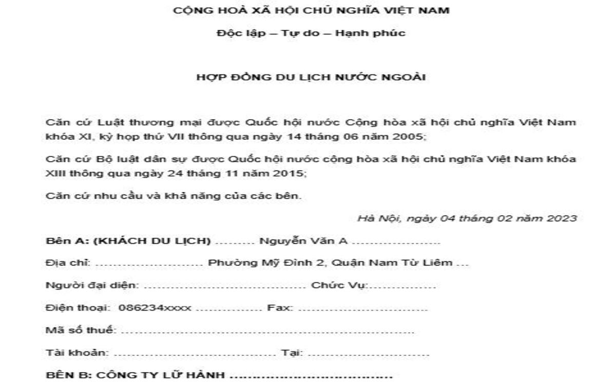 Mẫu hợp đồng du lịch số 01