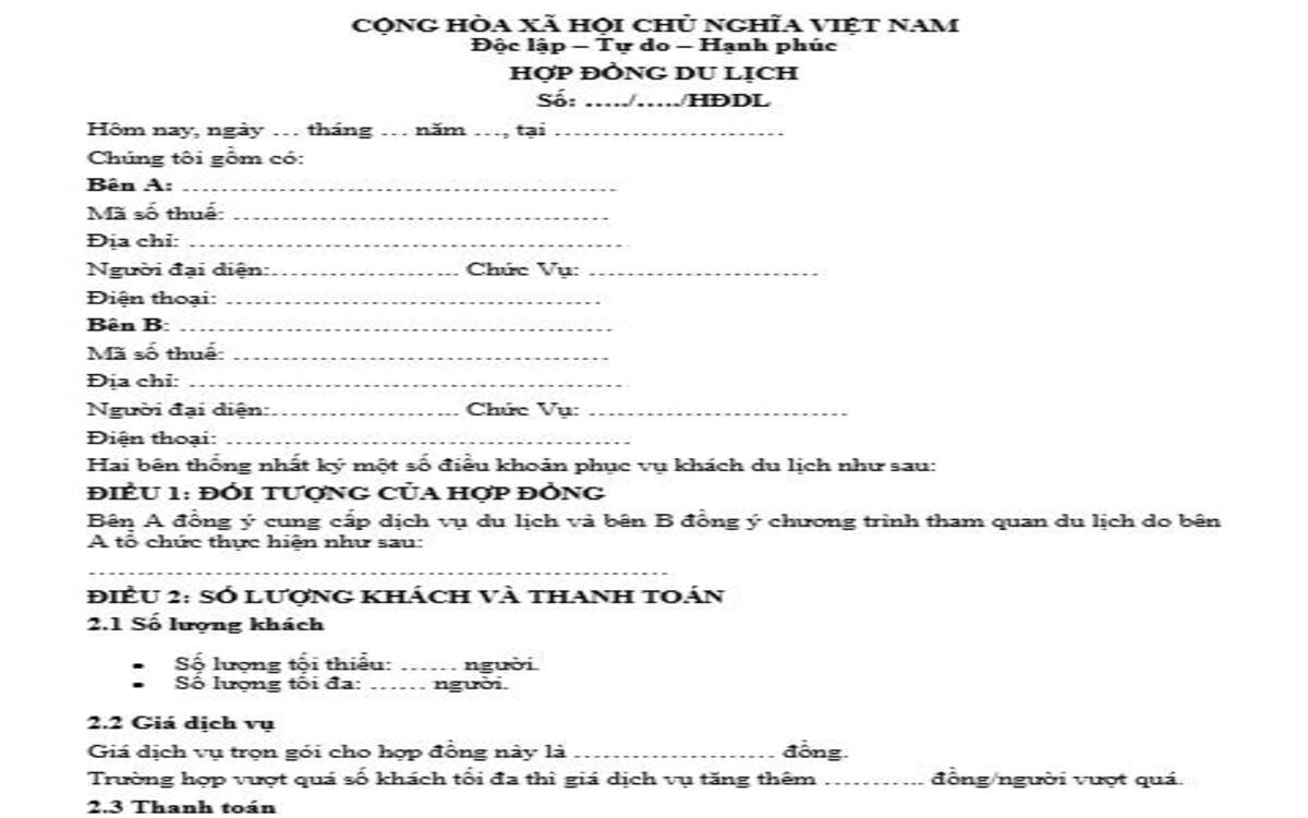 Mẫu hợp đồng du lịch số 02
