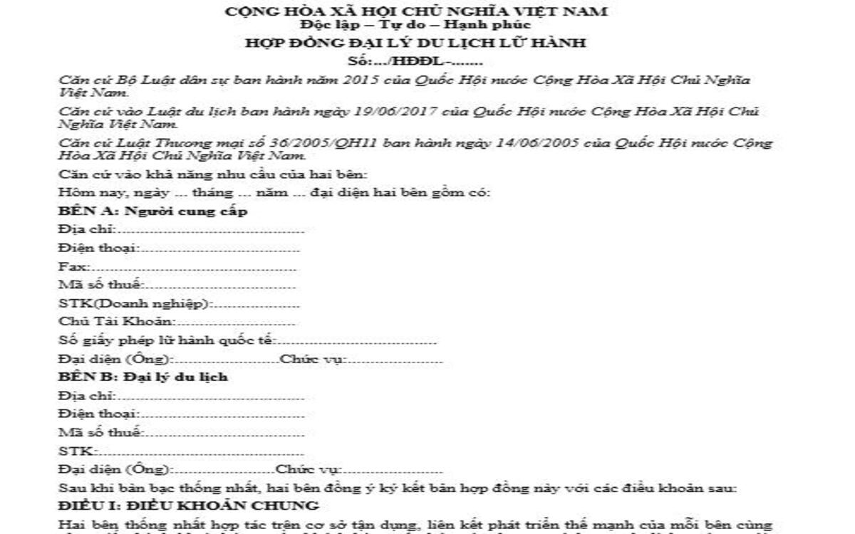 Mẫu hợp đồng du lịch số 03