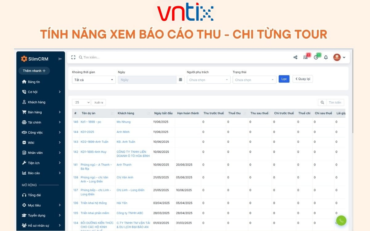 Giao diện phần mềm kế toán du lịch SlimCRM