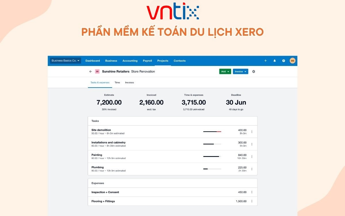 Giao diện phần mềm kế toán cho công ty du lịch XERO